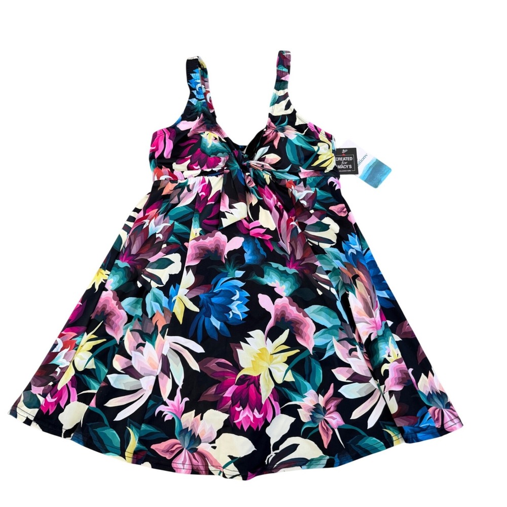 Swim Solutions Floral V-Neck Tie-Front Swimdress Black Pink Blue Beach‎ Size 8 - Picture 4 of 7